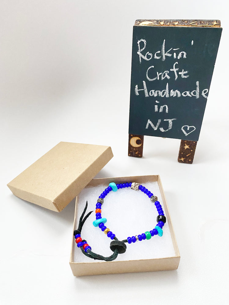 Rockin' Craft Handmade Vintage Leather Bracelet with White Heart Beads – Blue Theme