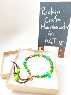 Rockin' Craft Handmade Vintage Leather Bracelet with White Heart Beads – Green Theme