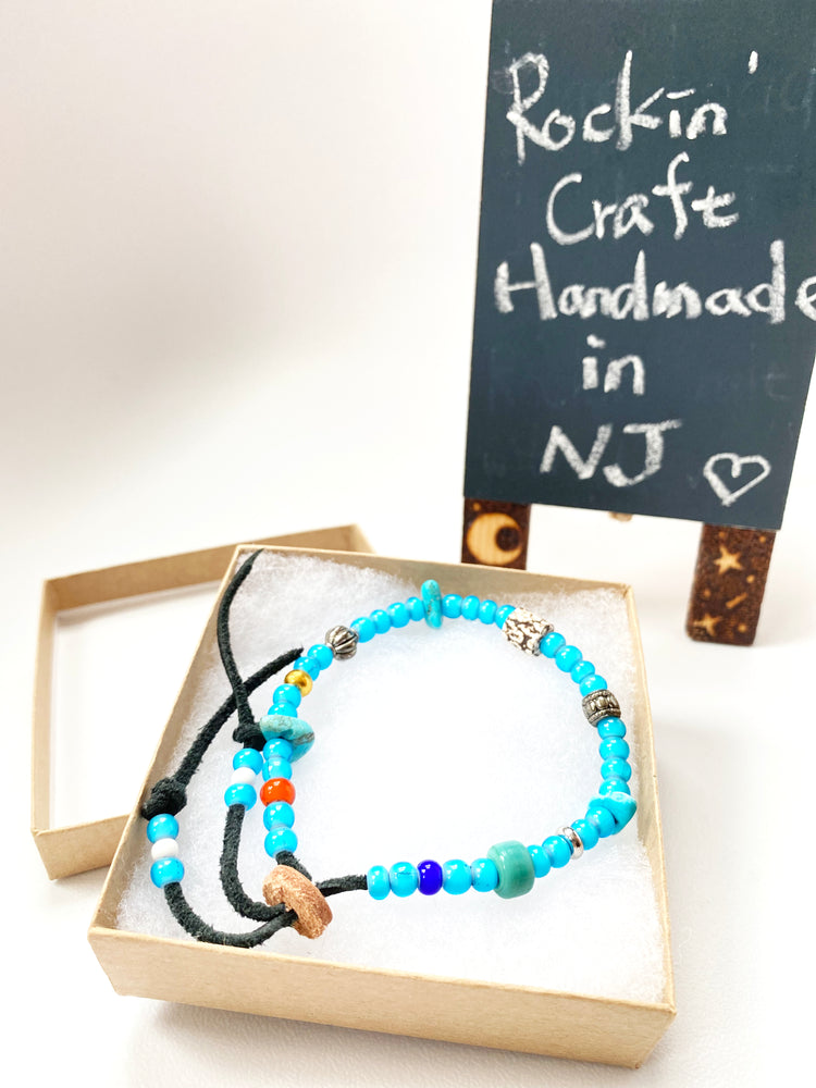 Rockin' Craft Handmade Vintage Leather Bracelet with White Heart Beads – Light Blue Theme