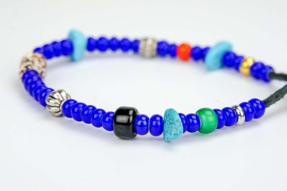 Rockin' Craft Handmade Vintage Leather Bracelet with White Heart Beads – Blue Theme