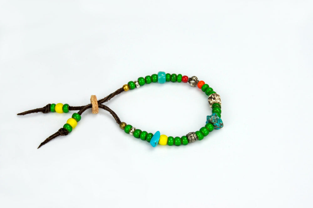 Rockin' Craft Handmade Vintage Leather Bracelet with White Heart Beads – Green Theme