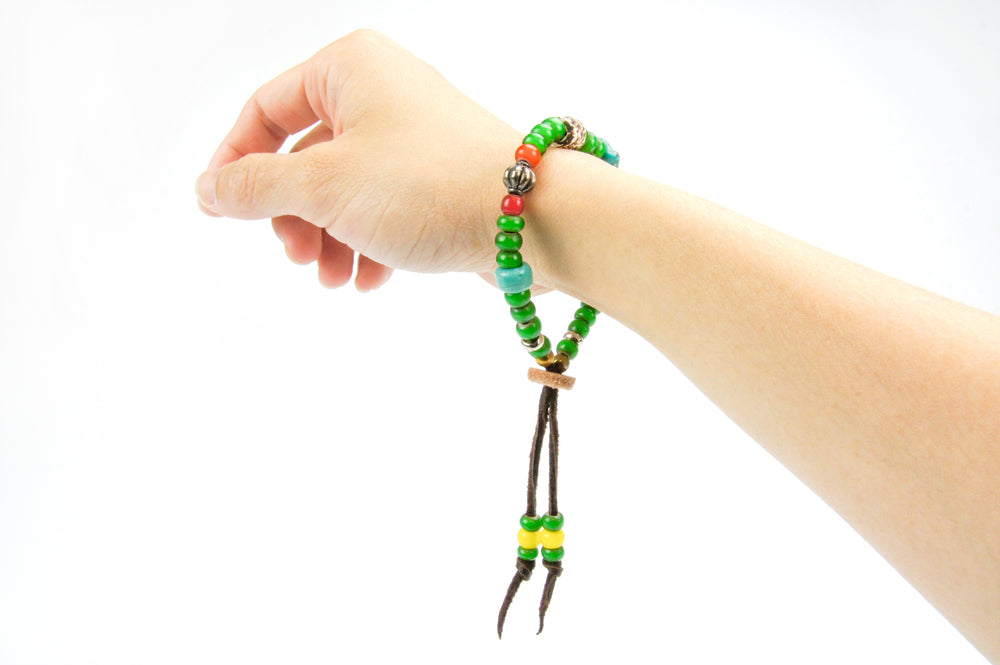 Rockin' Craft Handmade Vintage Leather Bracelet with White Heart Beads – Green Theme