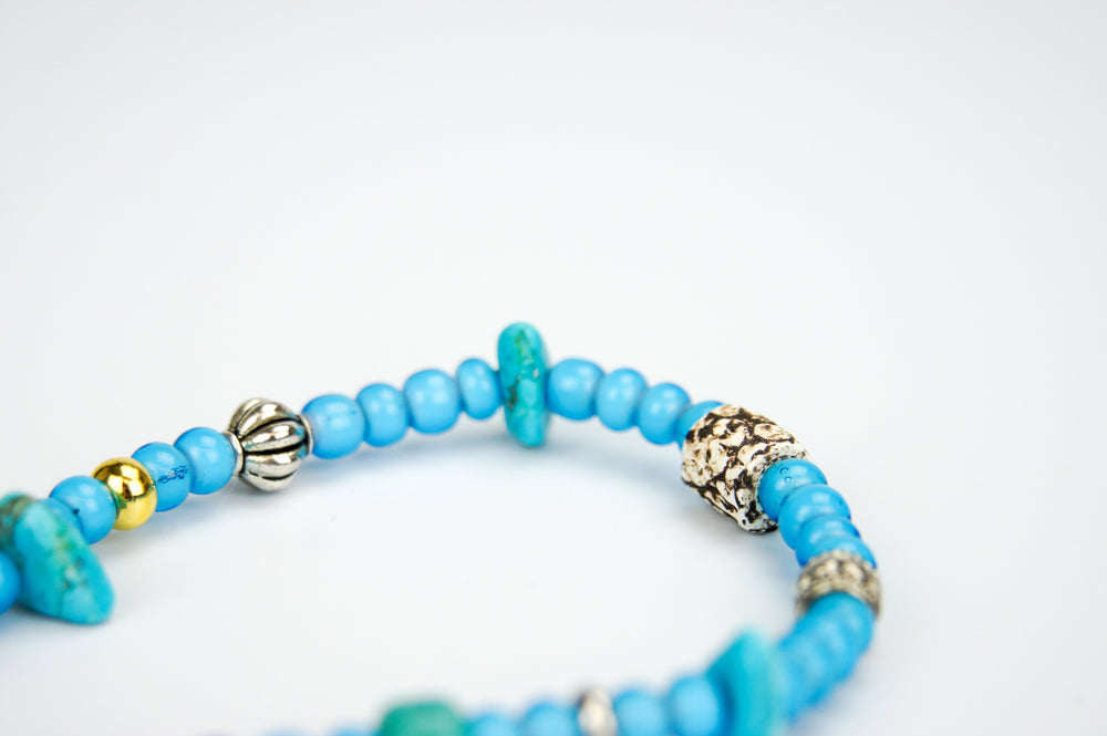 Rockin' Craft Handmade Vintage Leather Bracelet with White Heart Beads – Light Blue Theme